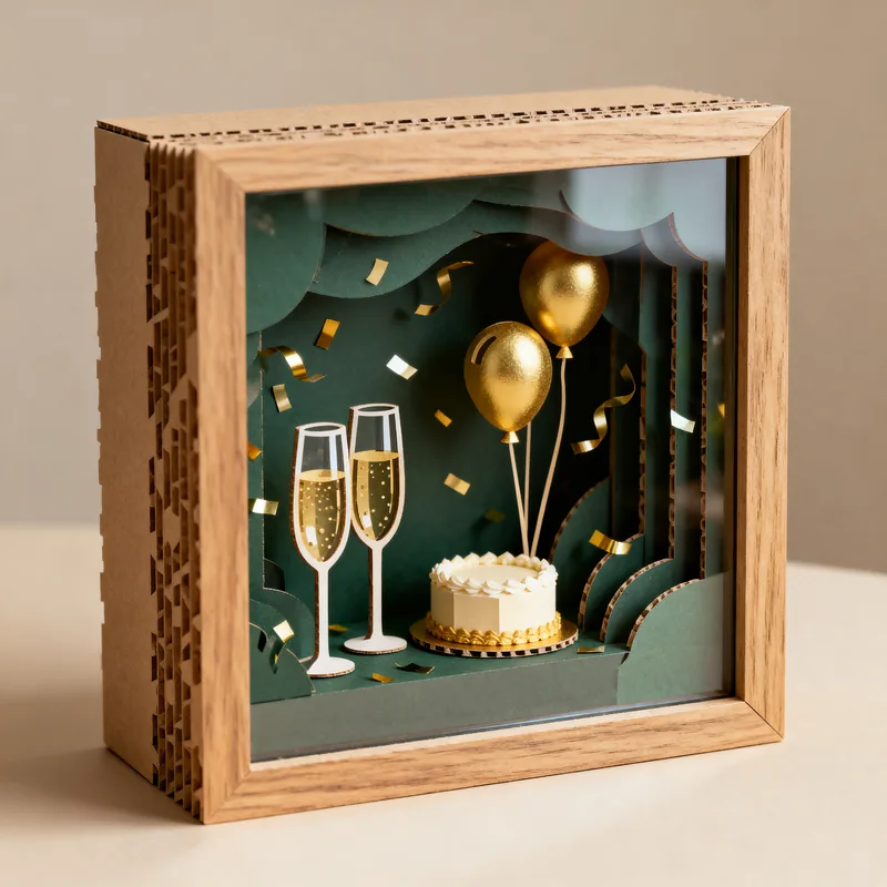 Ideia de quadro 3D de aniversário adulto, com taças, balão dourado e bolo em camadas de papel