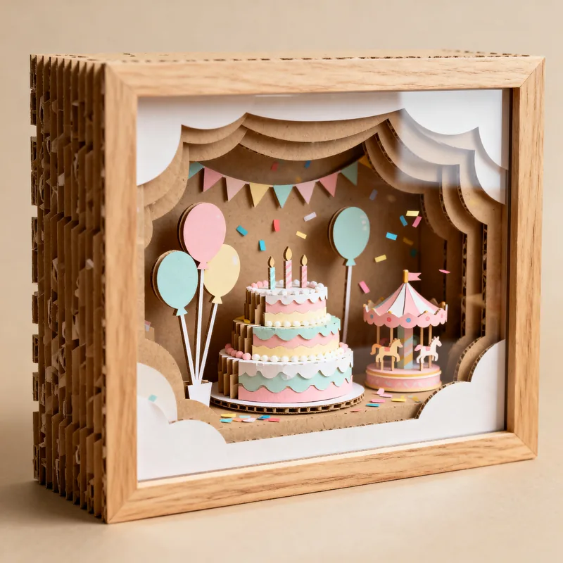 Ideia de quadro 3D de aniversário infantil, com bolo, balões, bandeirolas e carrossel