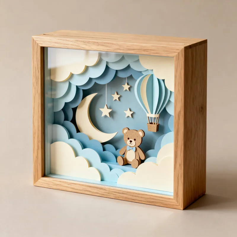Ideia de quadro 3D para quarto de bebê, com lua, nuvens, balão e ursinho em camadas azuis