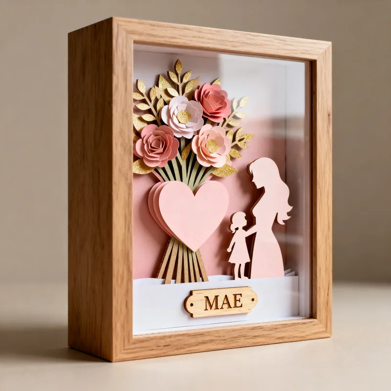 Ideia de quadro 3D para o Dia das Mães, com flores, coração e silhueta de mãe e filha