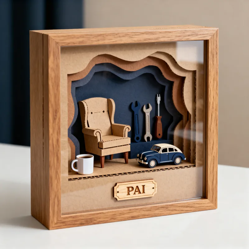 Ideia de quadro 3D para o Dia dos Pais, com poltrona, ferramentas e carrinho
