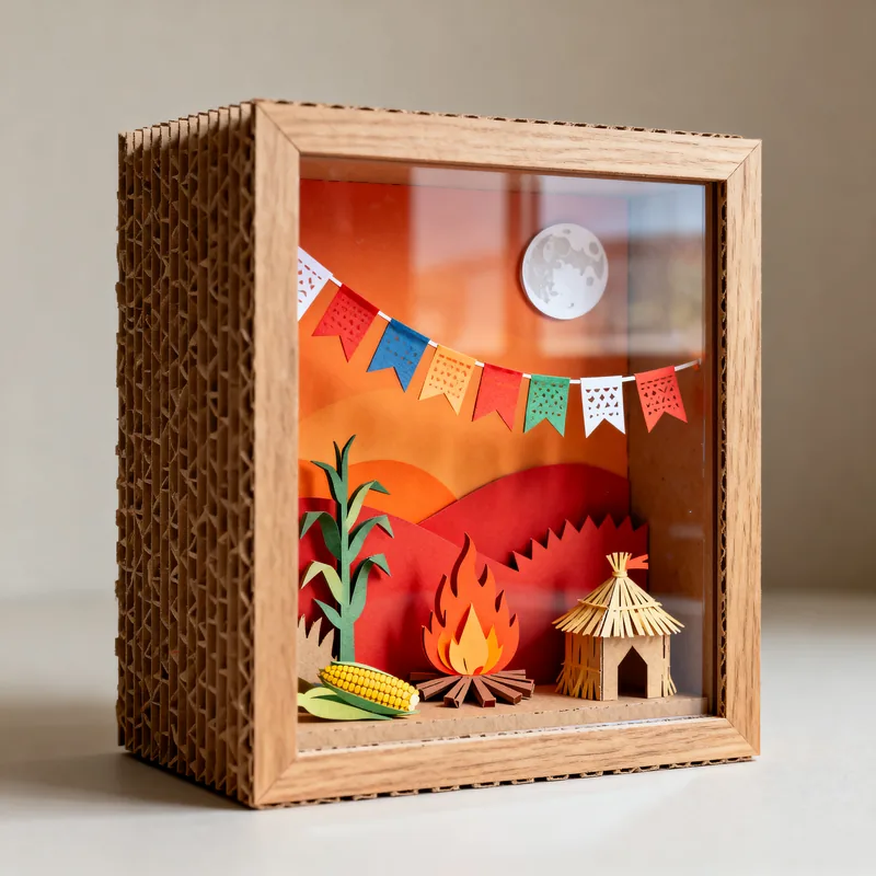Ideia de quadro 3D de festa junina, com bandeirolas, fogueira, milho e casinha de palha