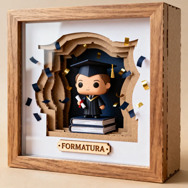 Ideia de quadro 3D de formatura, com boneco de beca, livros e confetes