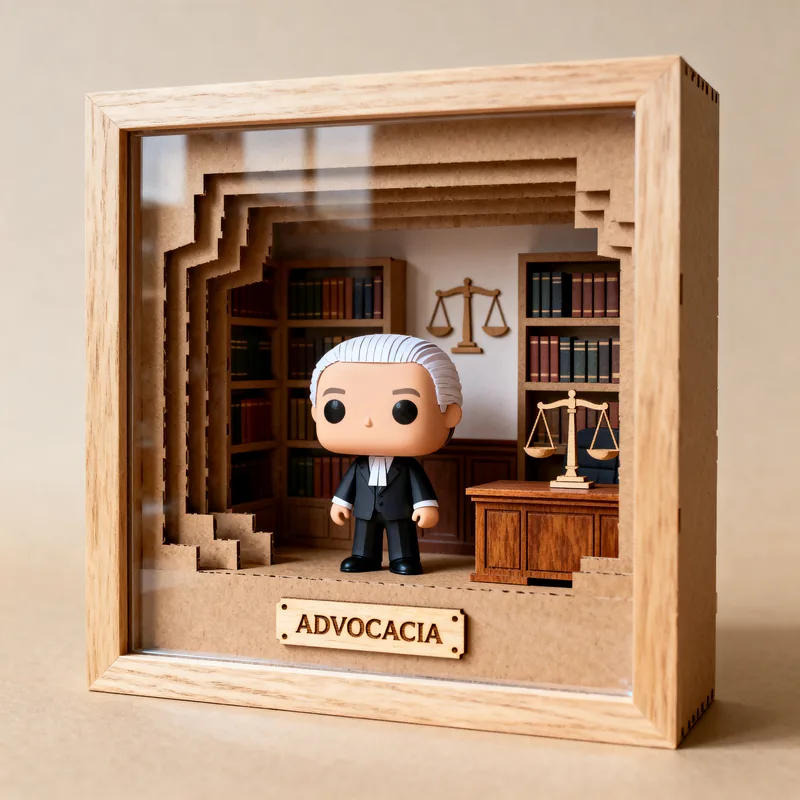Ideia de quadro 3D em estilo boneco para advogado, com biblioteca, balança e placa Advocacia