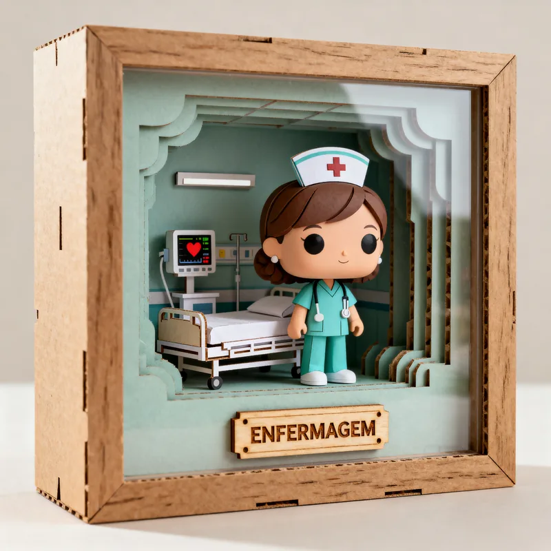Ideia de quadro 3D em estilo boneco para enfermagem, com quarto de hospital e placa Enfermagem