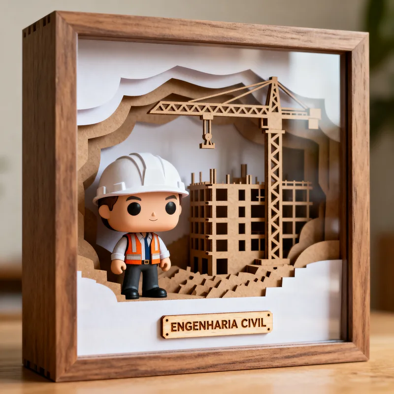 Ideia de quadro 3D em estilo boneco para engenharia civil, com capacete, prédio em obra e guindaste