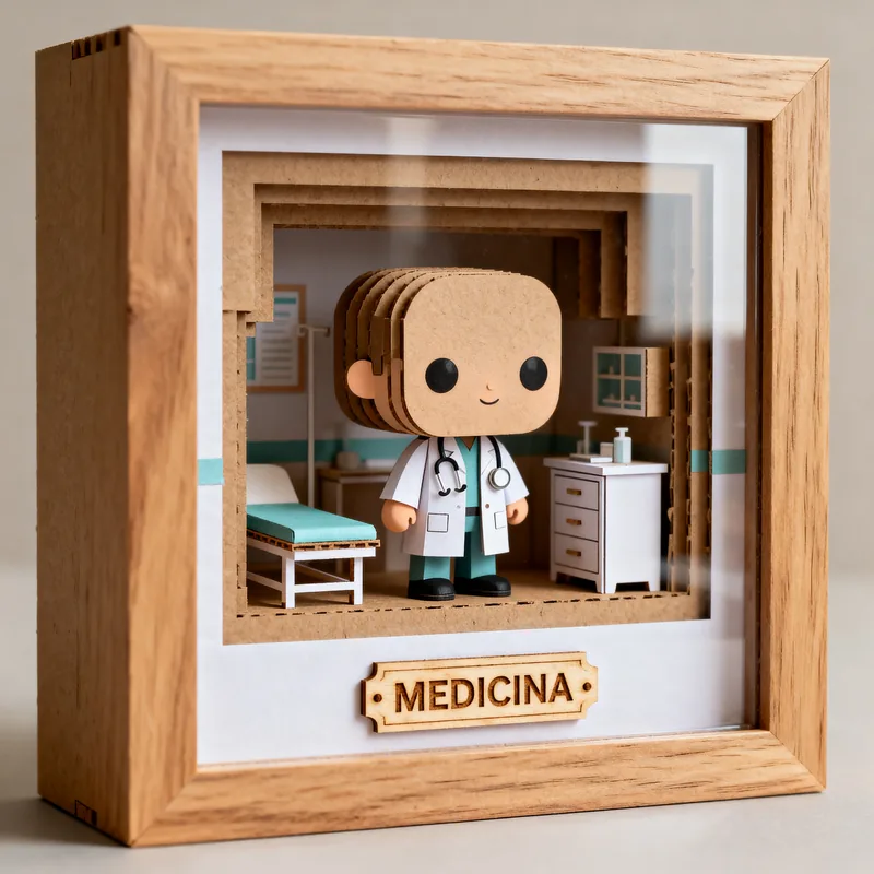 Ideia de quadro 3D em estilo boneco para medicina, com consultório e placa Medicina