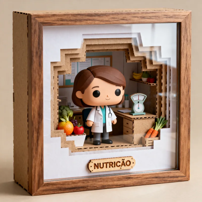 Ideia de quadro 3D em estilo boneco para nutrição, com frutas, balança e placa Nutrição