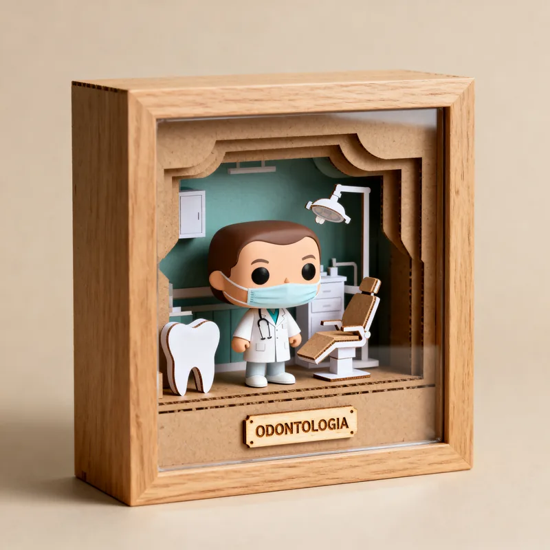 Ideia de quadro 3D em estilo boneco para odontologia, com cadeira de dentista, dente e placa Odontologia