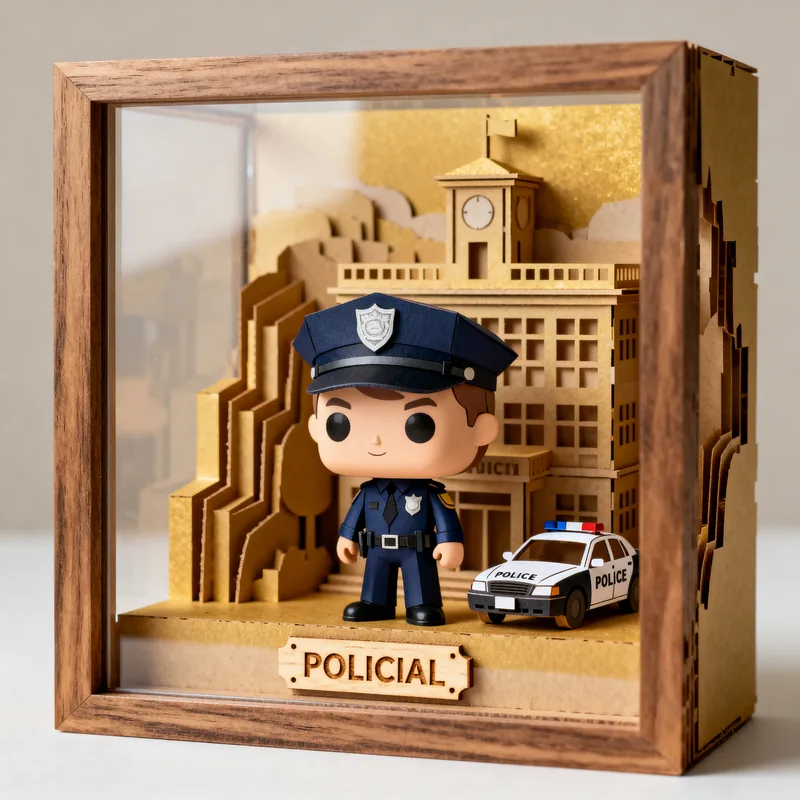 Ideia de quadro 3D em estilo boneco para policial, com viatura, prédio e placa Policial