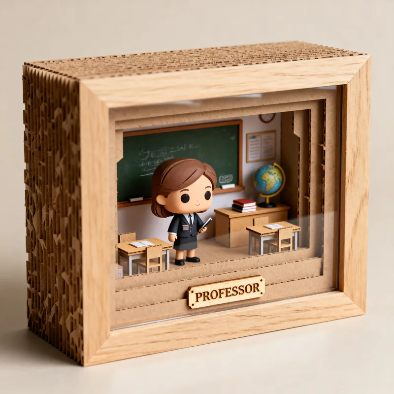 Ideia de quadro 3D em estilo boneco para professor, com sala de aula, lousa e placa Professor