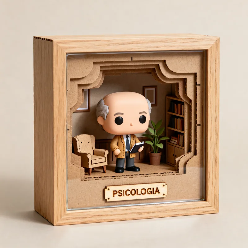 Ideia de quadro 3D em estilo boneco para psicologia, com consultório, poltrona e placa Psicologia