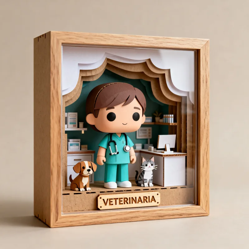 Ideia de quadro 3D em estilo boneco para veterinária, com cachorro, gato e placa Veterinária