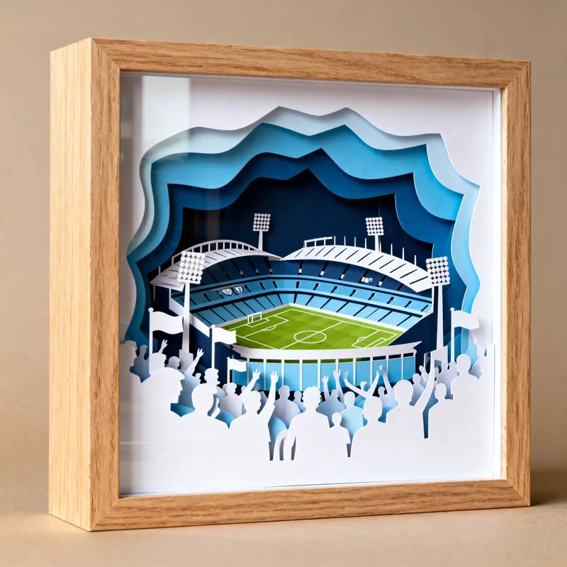 Ideia de quadro 3D com estádio de futebol em tons de azul e torcida em camadas de papel