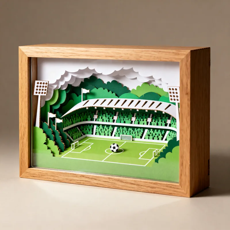 Ideia de quadro 3D com estádio de futebol em tons de verde e gramado
