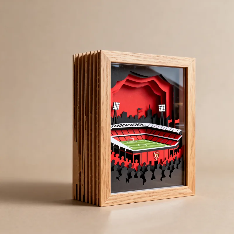 Ideia de quadro 3D com estádio de futebol em vermelho e preto