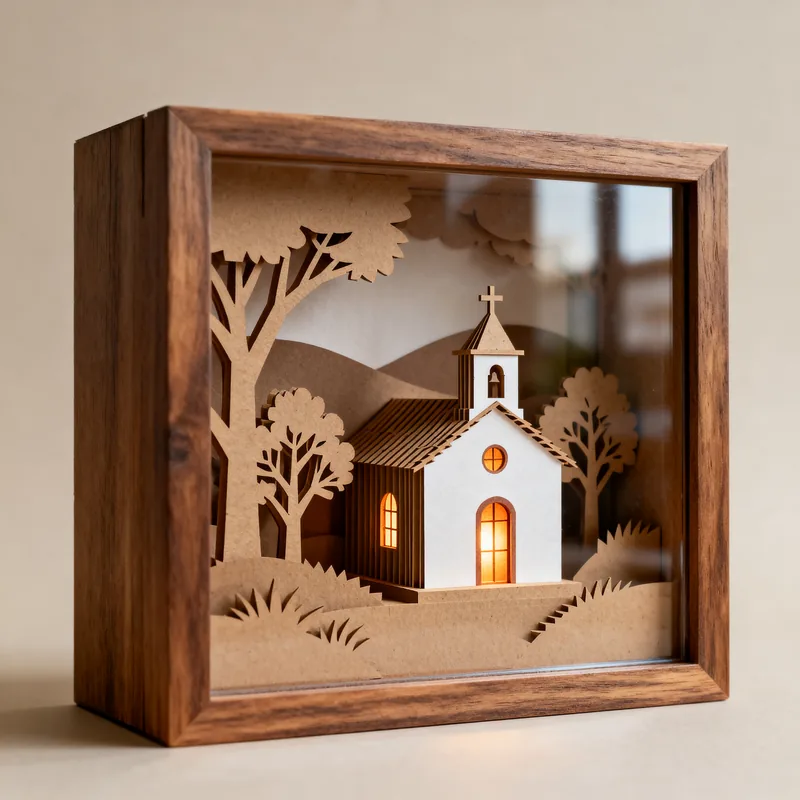 Ideia de quadro rústico com igrejinha branca iluminada entre árvores recortadas