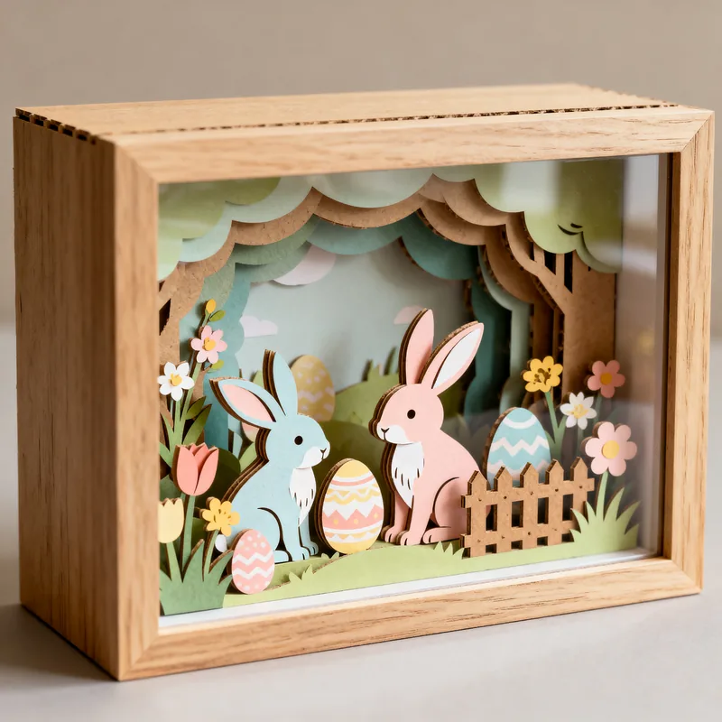 Ideia de quadro 3D de Páscoa, com coelhos, ovos coloridos e flores