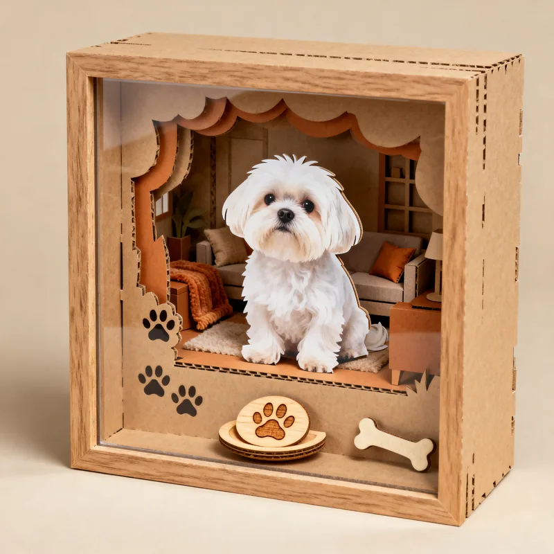 Ideia de quadro 3D para pet, com cachorrinho branco, patinhas e ossinho