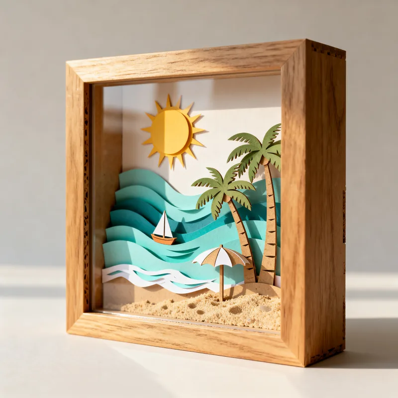 Ideia de quadro 3D de praia, com sol, coqueiros, ondas e veleiro
