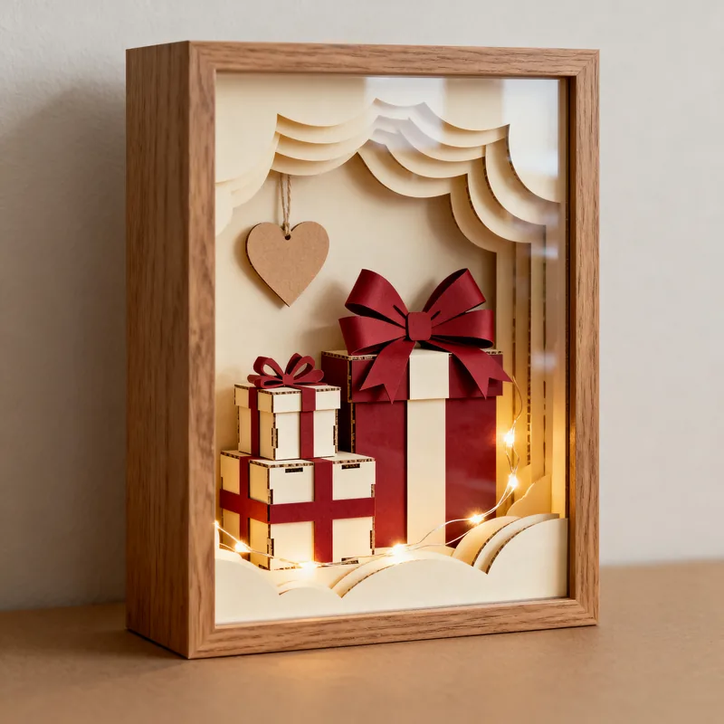 Ideia de quadro 3D com caixas de presente, laços vermelhos e luzinhas