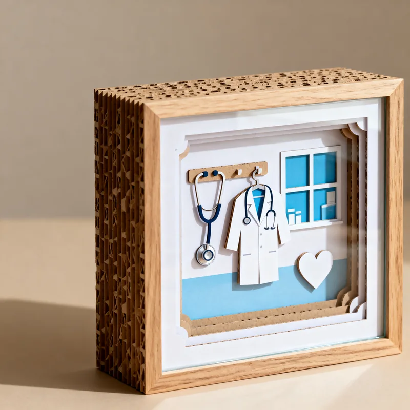 Ideia de quadro 3D para medicina, com jaleco, estetoscópio e janela, sem boneco