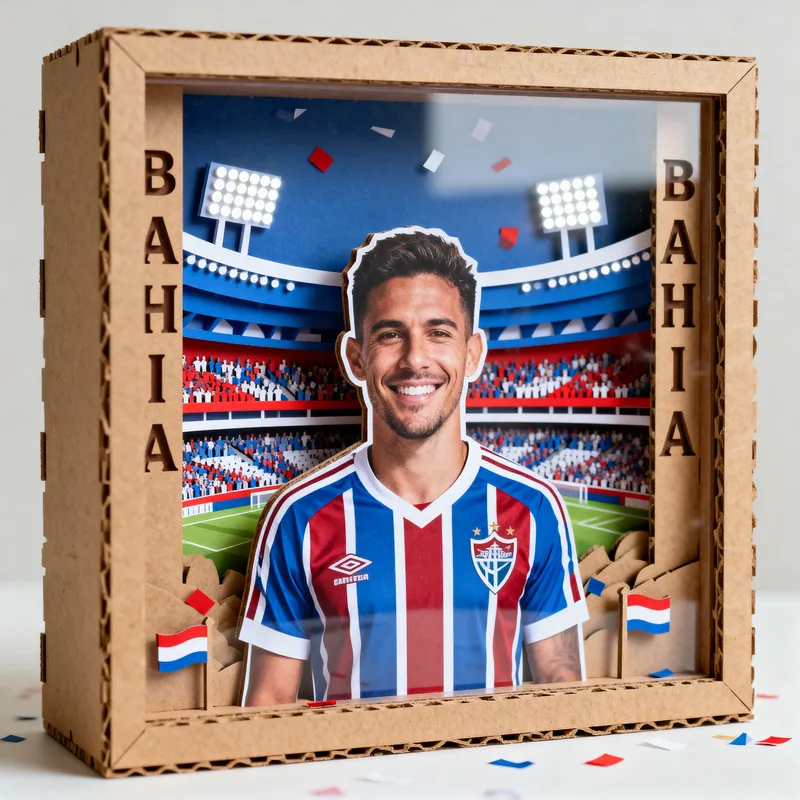 Ideia de quadro 3D de time de futebol com camisa azul, vermelha e branca e o nome Bahia nas laterais