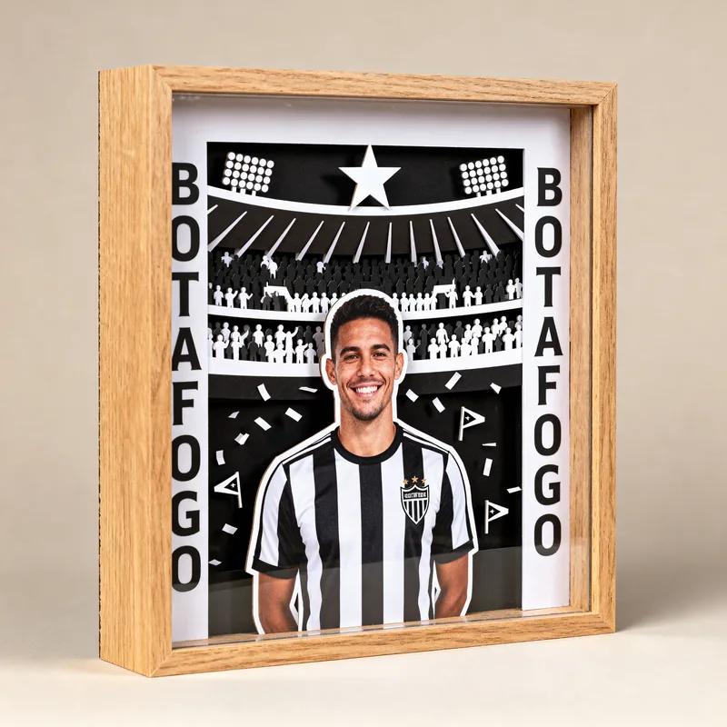 Ideia de quadro 3D de time de futebol com camisa preta e branca e o nome Botafogo nas laterais