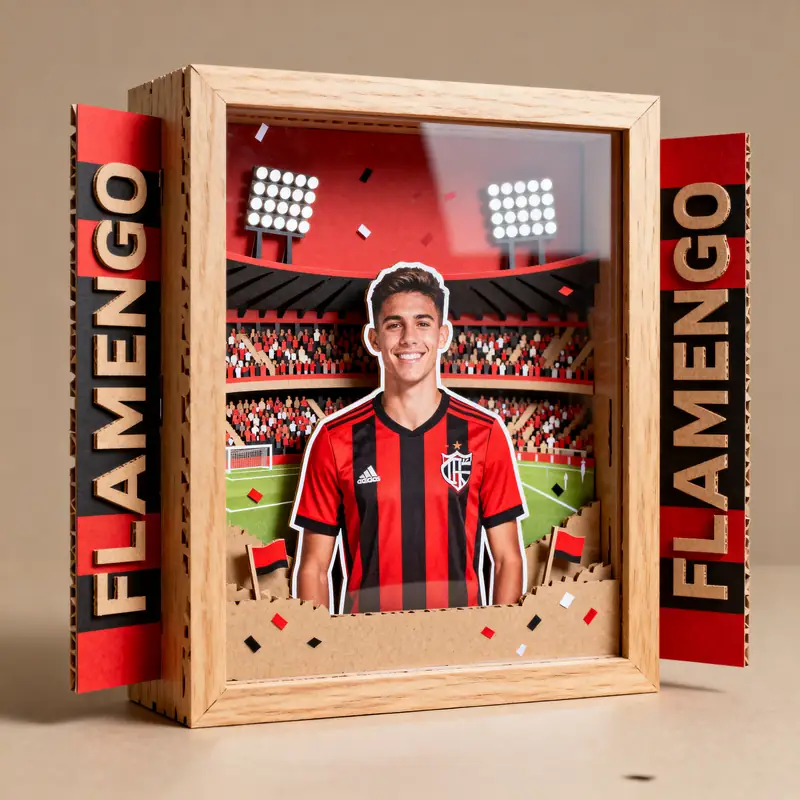 Ideia de quadro 3D de time de futebol com camisa vermelha e preta e o nome Flamengo nas laterais