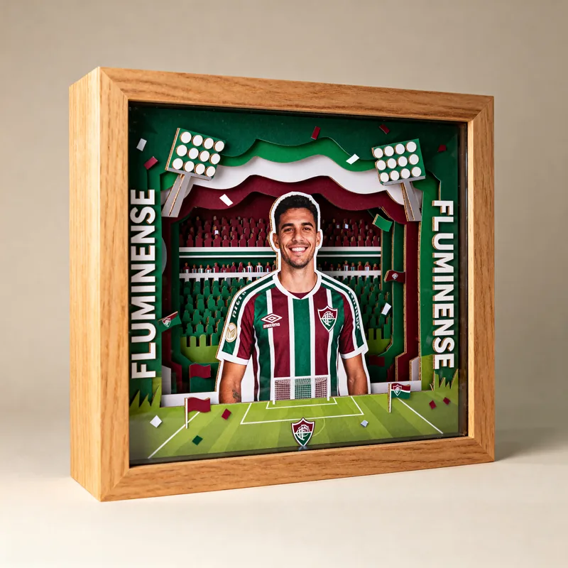 Ideia de quadro 3D de time de futebol com camisa tricolor e o nome Fluminense nas laterais