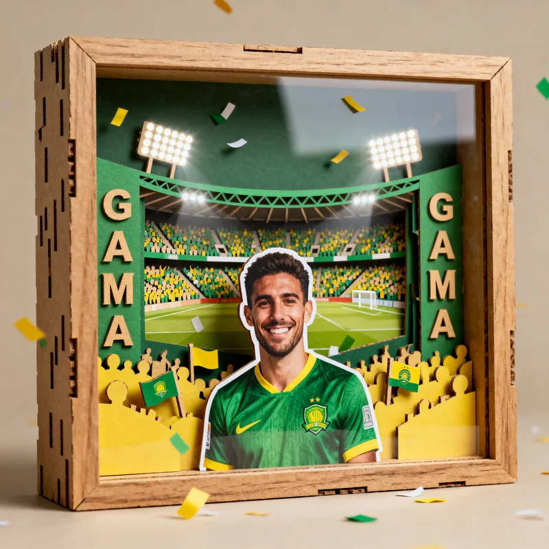 Ideia de quadro 3D de time de futebol com camisa verde e o nome Gama nas laterais