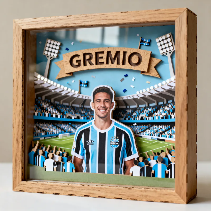 Ideia de quadro 3D de time de futebol com camisa azul e preta e o nome Grêmio nas laterais