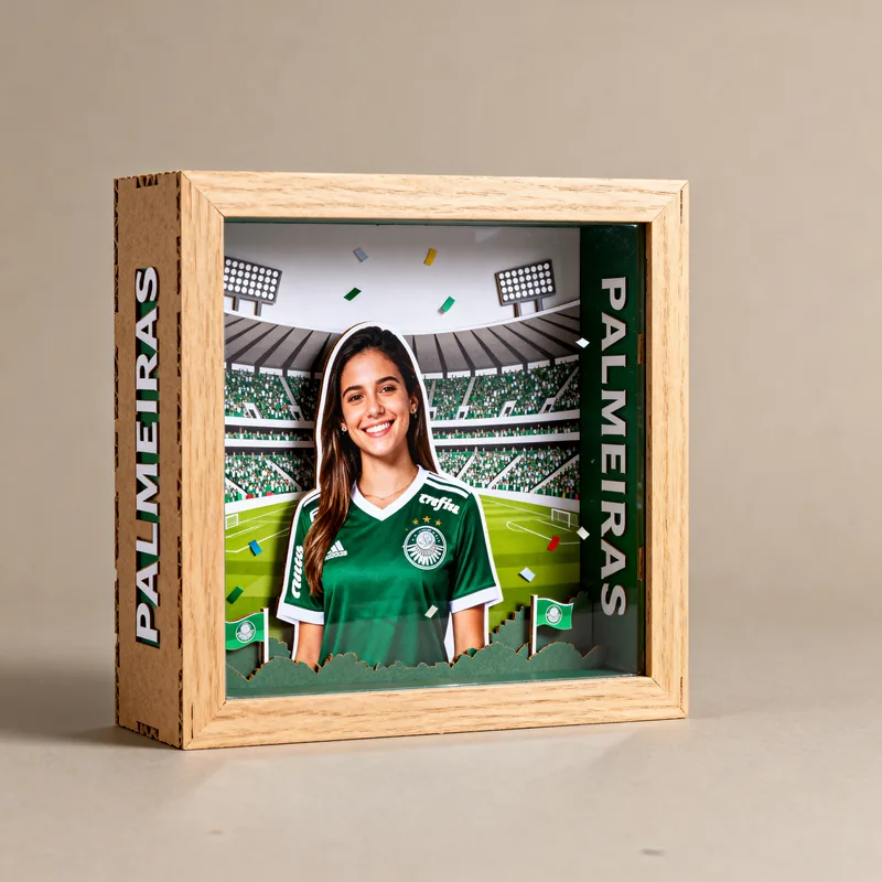 Ideia de quadro 3D de time de futebol com camisa verde e o nome Palmeiras nas laterais