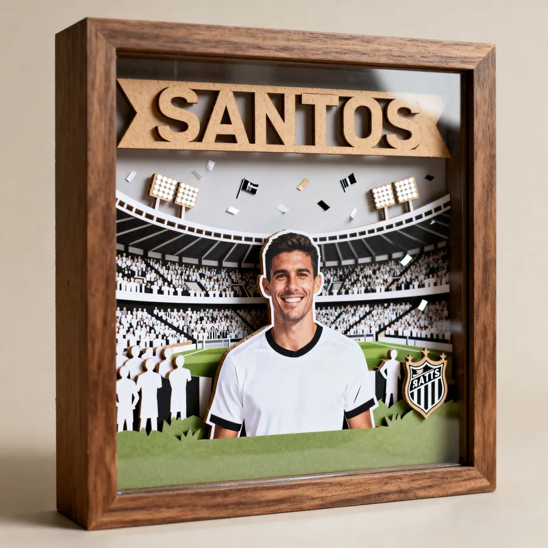 Ideia de quadro 3D de time de futebol com camisa branca e o nome Santos no topo