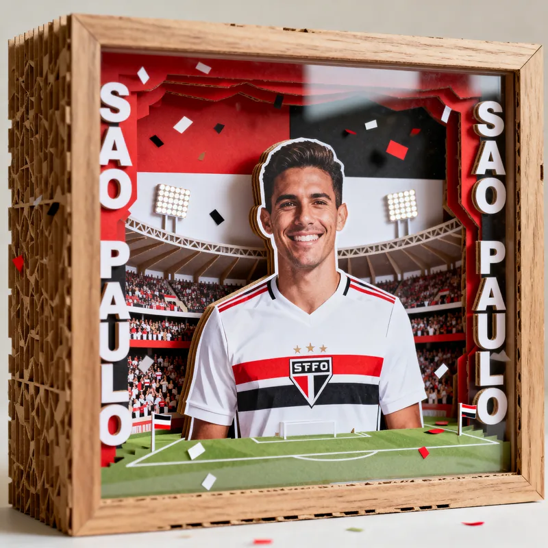 Ideia de quadro 3D de time de futebol com camisa branca e o nome São Paulo nas laterais