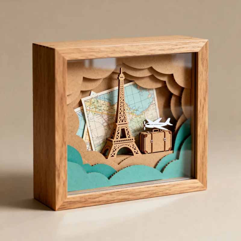 Ideia de quadro 3D de viagem, com Torre Eiffel, mapa e avião