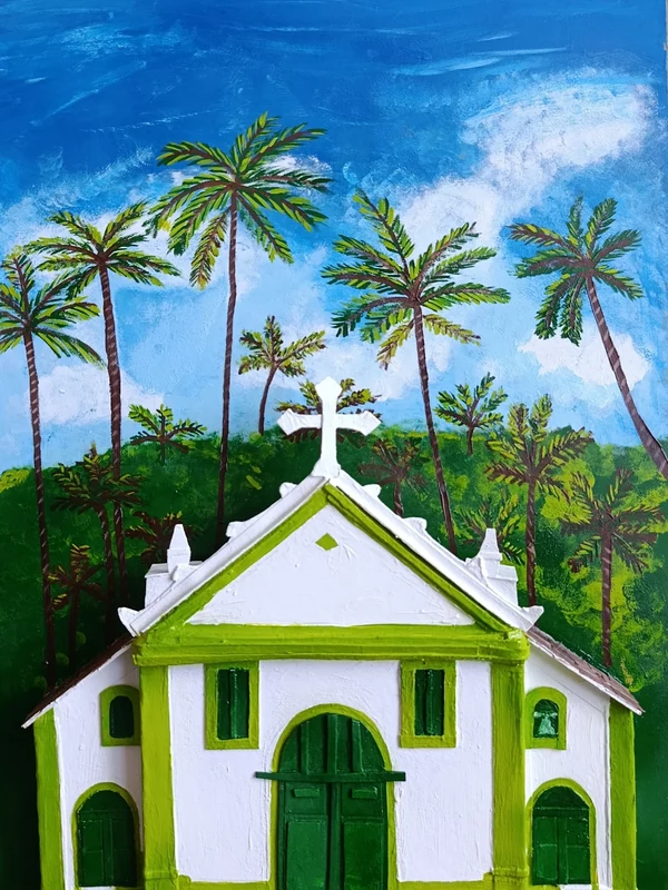 Quadro 3D da Igrejinha dos Carneiros, em Pernambuco, com coqueiros pintados à mão