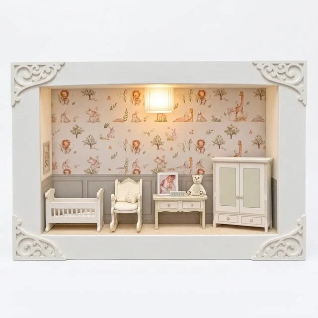 Quadro 3D de quarto de bebê em caixa branca, com berço, guarda-roupa, poltrona e luminária