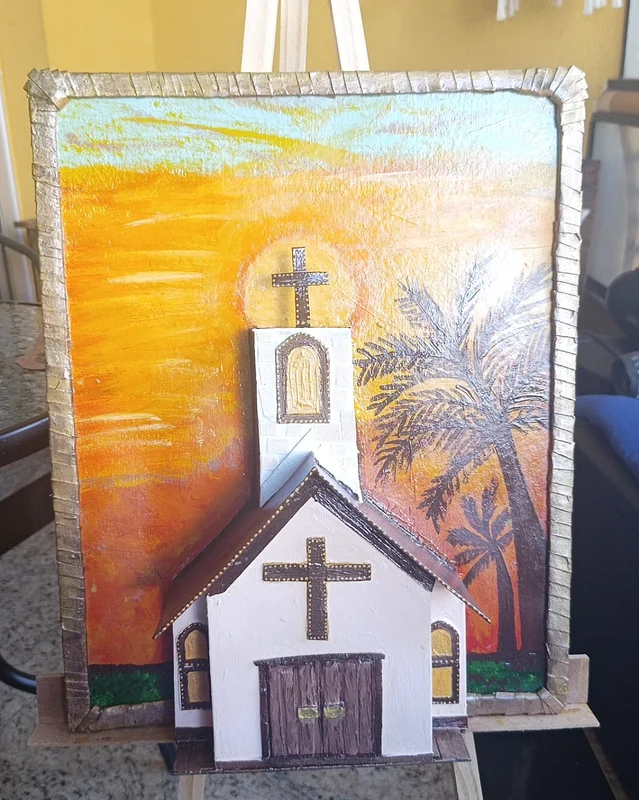 Quadro rústico com igreja 3D e fundo de pôr do sol pintado à mão